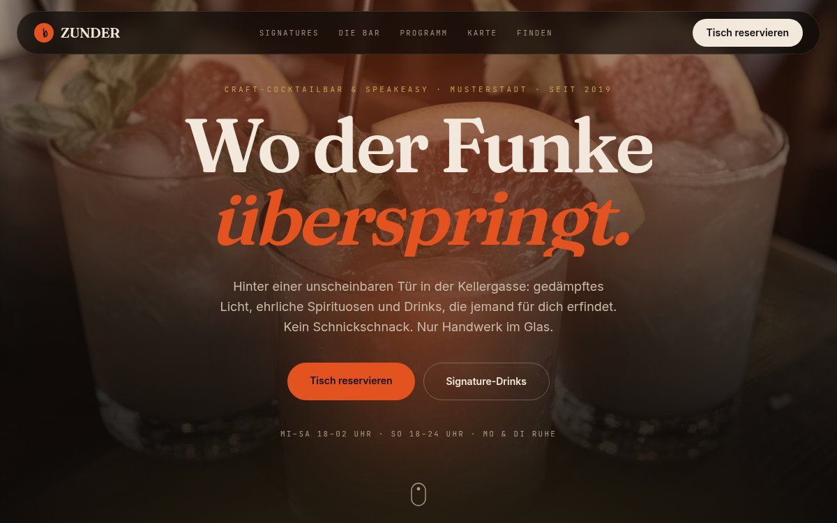 Vorschau der Demo-Website ZUNDER – Branche Cocktailbar & Speakeasy